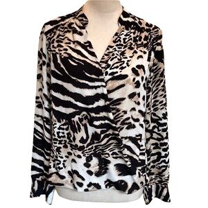 INC Black and White Long Sleeve Notched Collar Blouse